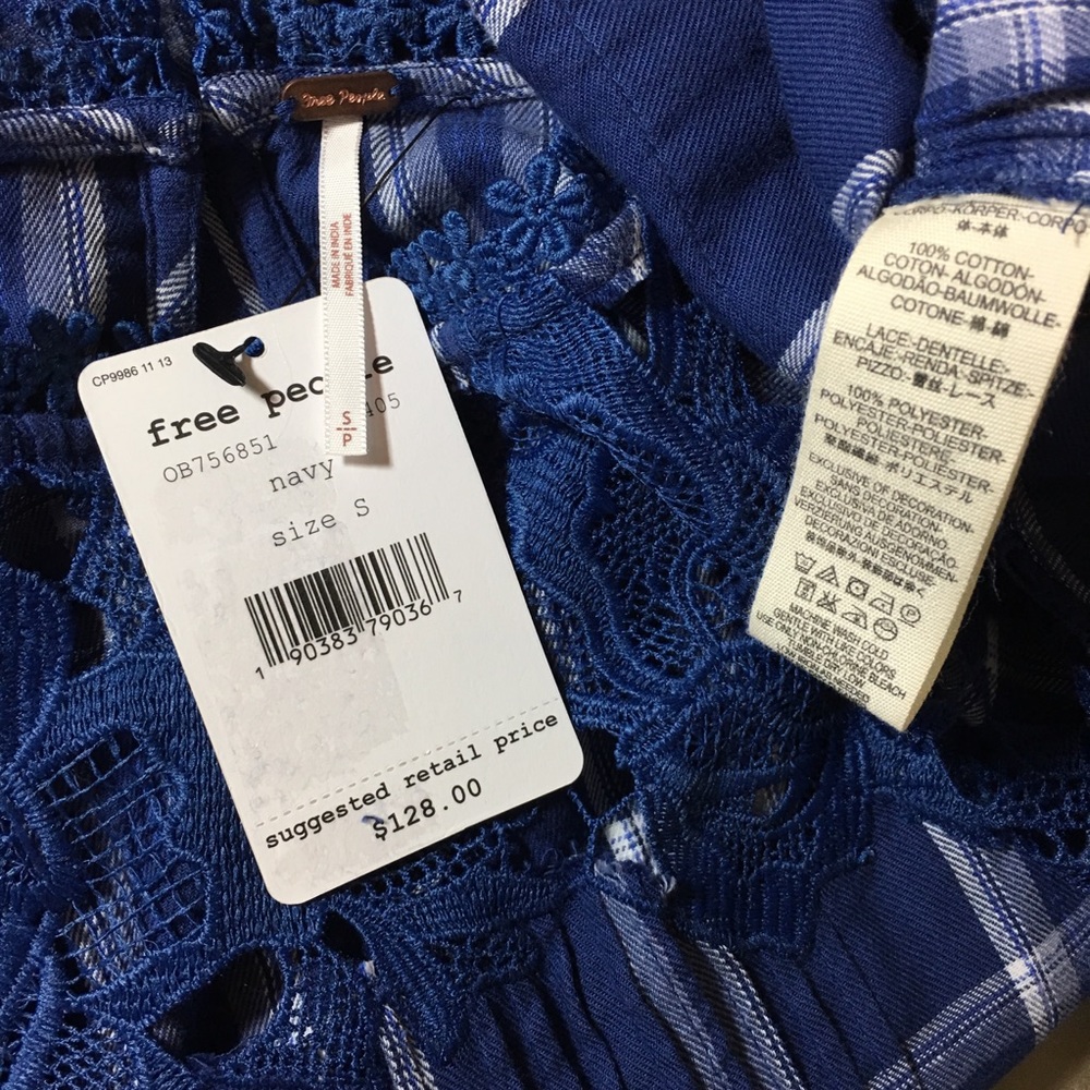 FREE PEOPLE‎ DARLING DIANA BLUE PLAID AND LACE LONG SLEEVE TOP Boho Chic - Picture 5 of 7